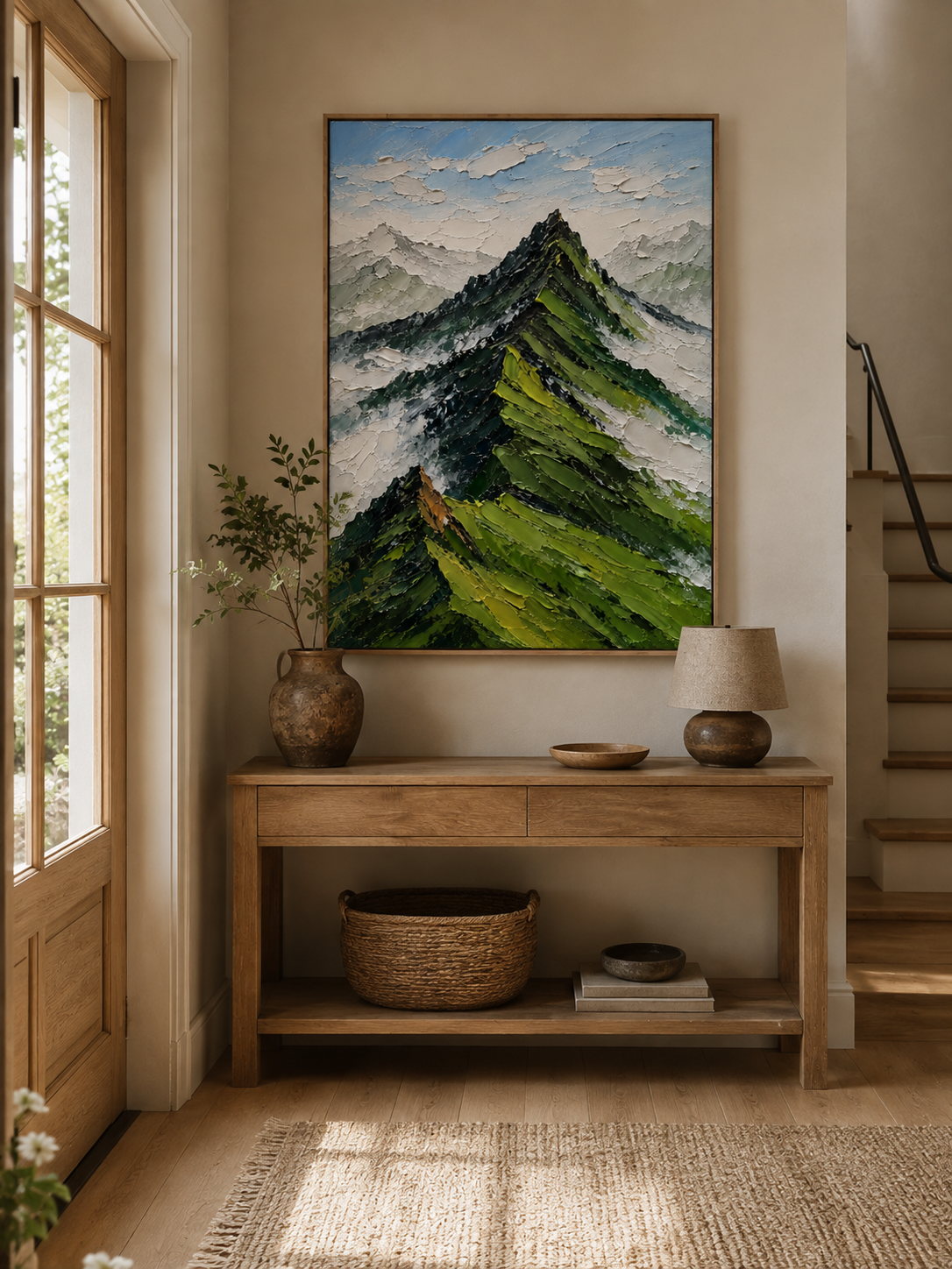 Vertical green mountain painting displayed above a wood console in a nature-inspired modern entryway