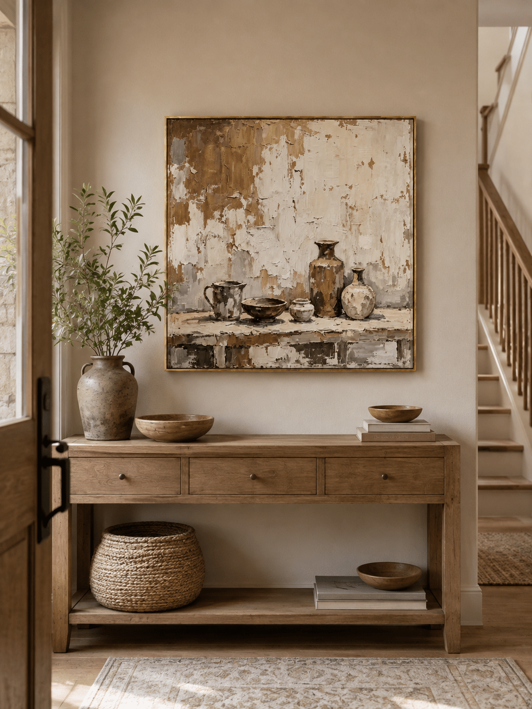 Wabi-Sabi pottery still life painting displayed above a wood console in a neutral modern entryway