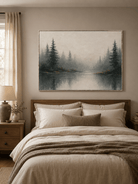 Foggy pine forest wall art displayed above the bed in a calm neutral bedroom