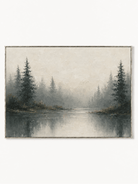 Hand-painted misty forest lake wall art with foggy evergreen trees and neutral reflections by Evelyn Li