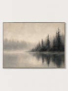 Hand-painted misty lake wall art with foggy evergreen forest, neutral reflections and warm ivory tones by Evelyn Li