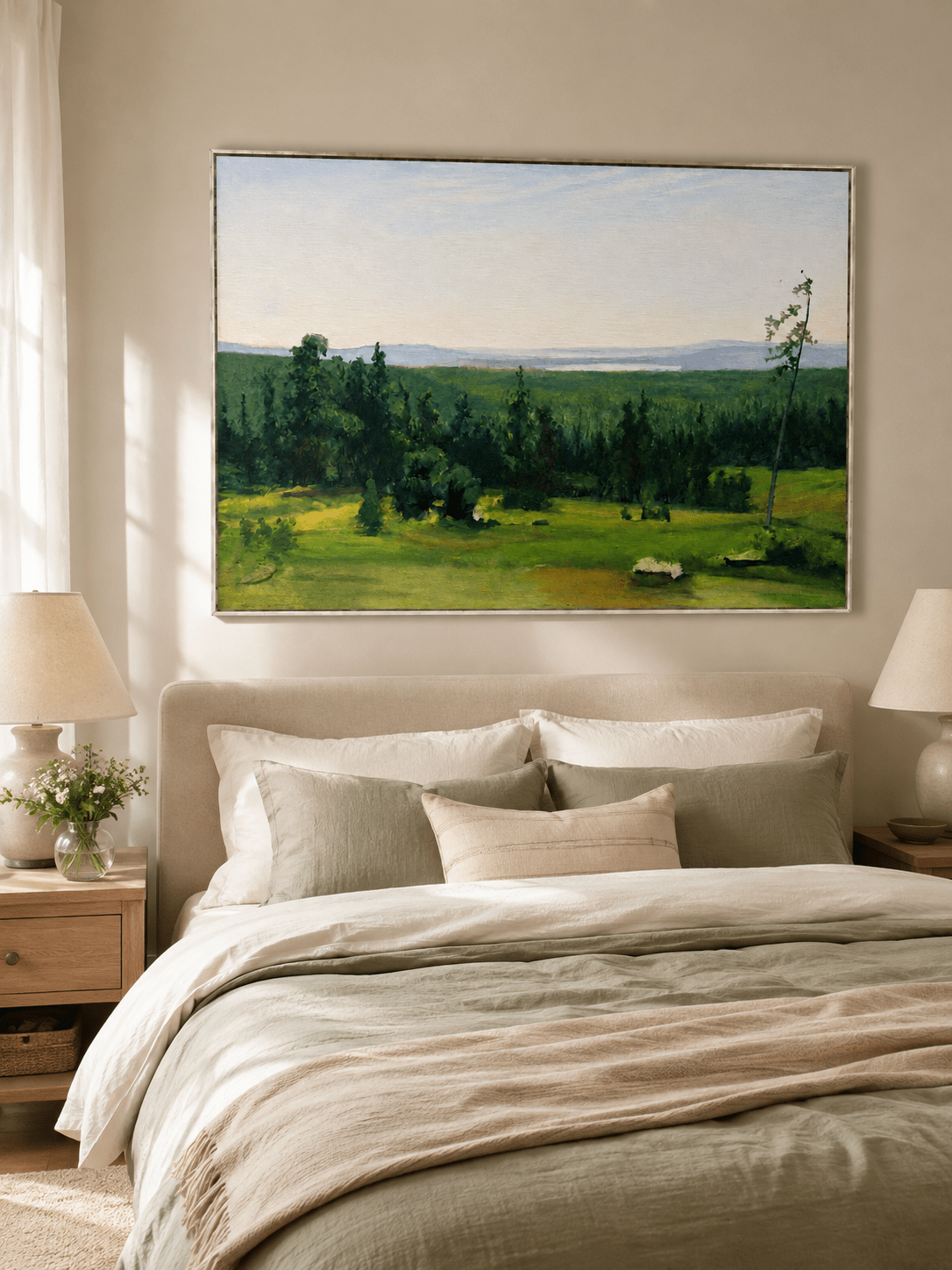 Peaceful green countryside wall art displayed above the bed in a nature-inspired bedroom