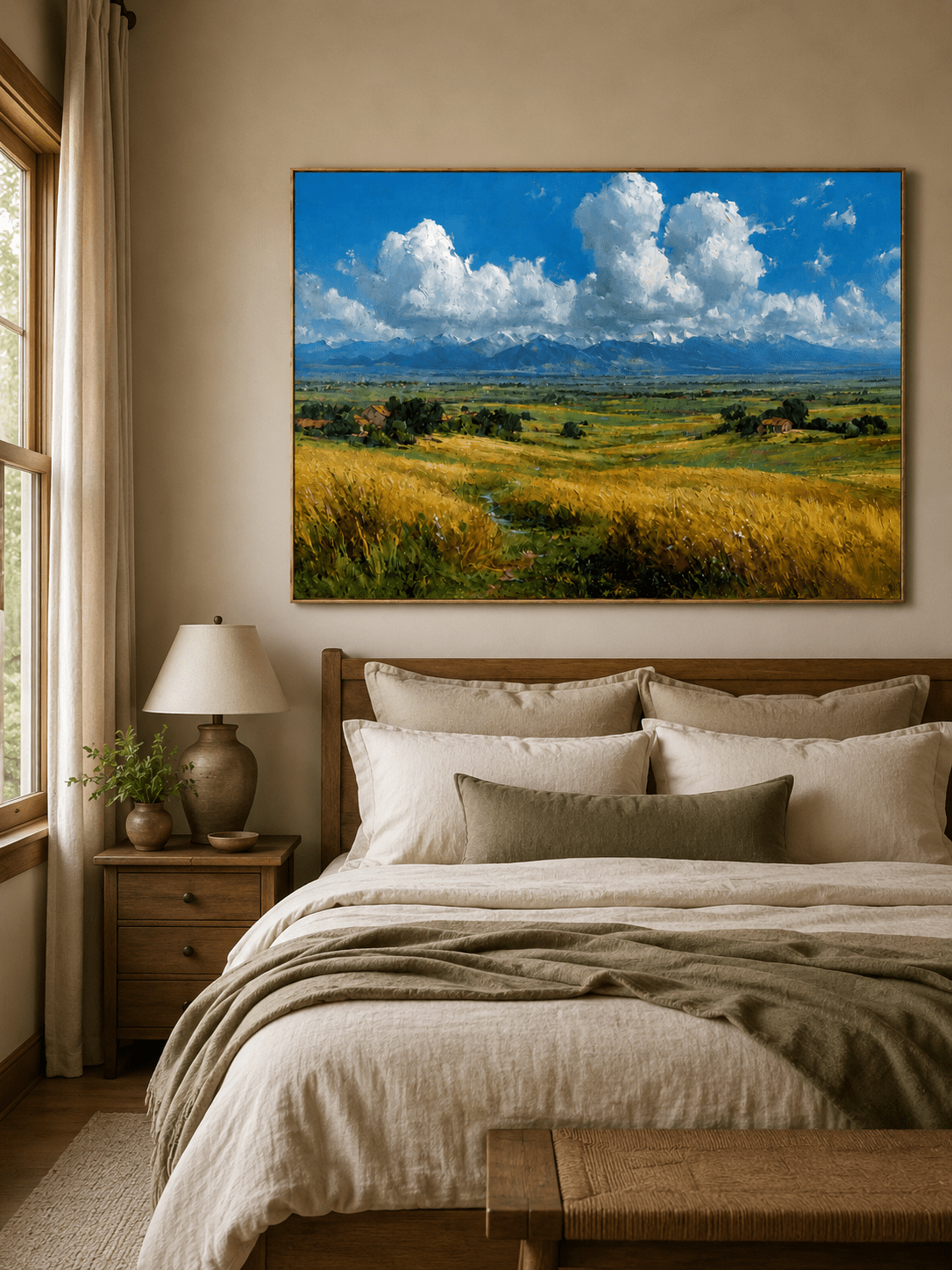 Golden countryside wall art with blue sky displayed above the bed in a bright neutral bedroom