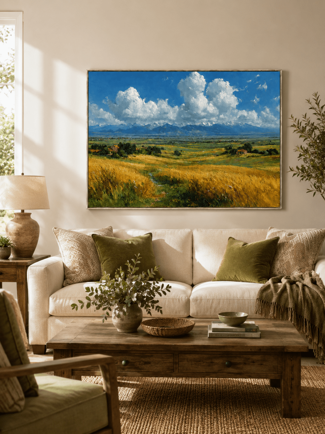 Golden wheat field landscape painting displayed above a neutral sofa in a modern living room