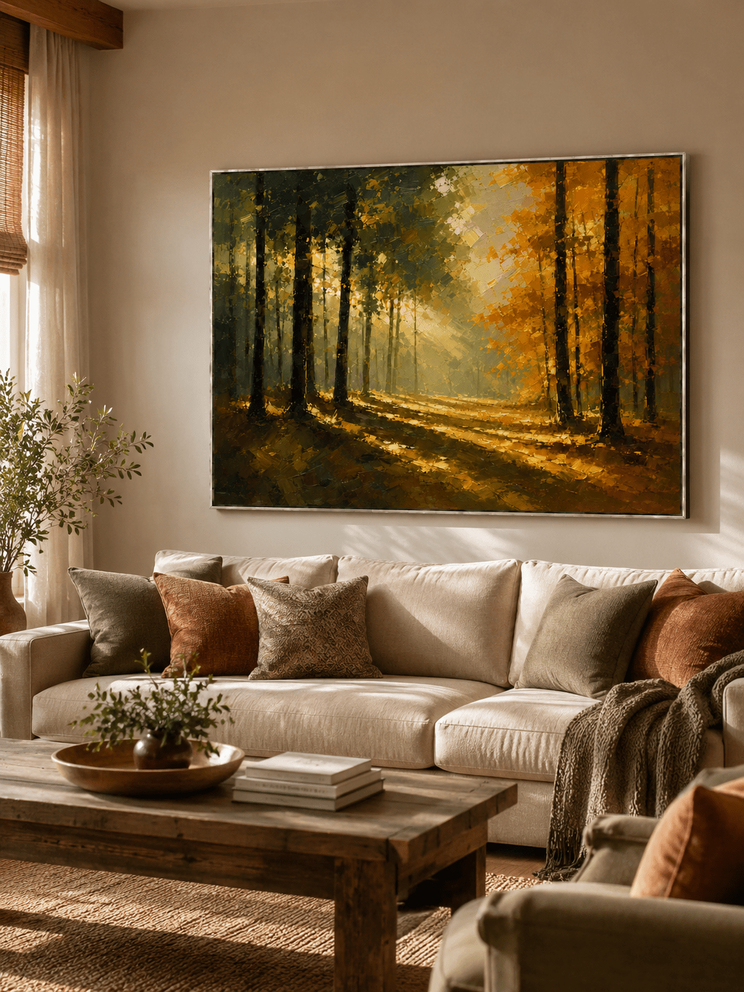 Golden autumn forest painting displayed above a neutral sofa in a warm organic modern living room