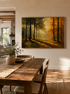 Hand-painted golden woodland landscape displayed in a dining room with natural wood furniture