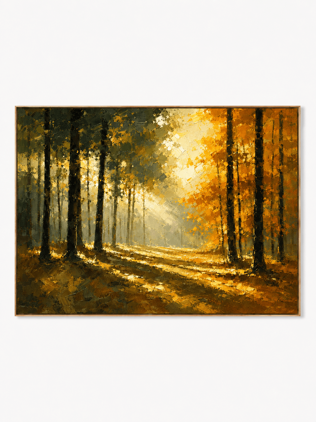 Hand-painted autumn forest wall art with golden foliage, sunlit path and textured trees by Evelyn Li