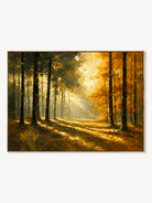 Hand-painted autumn forest wall art with golden foliage, sunlit path and textured trees by Evelyn Li