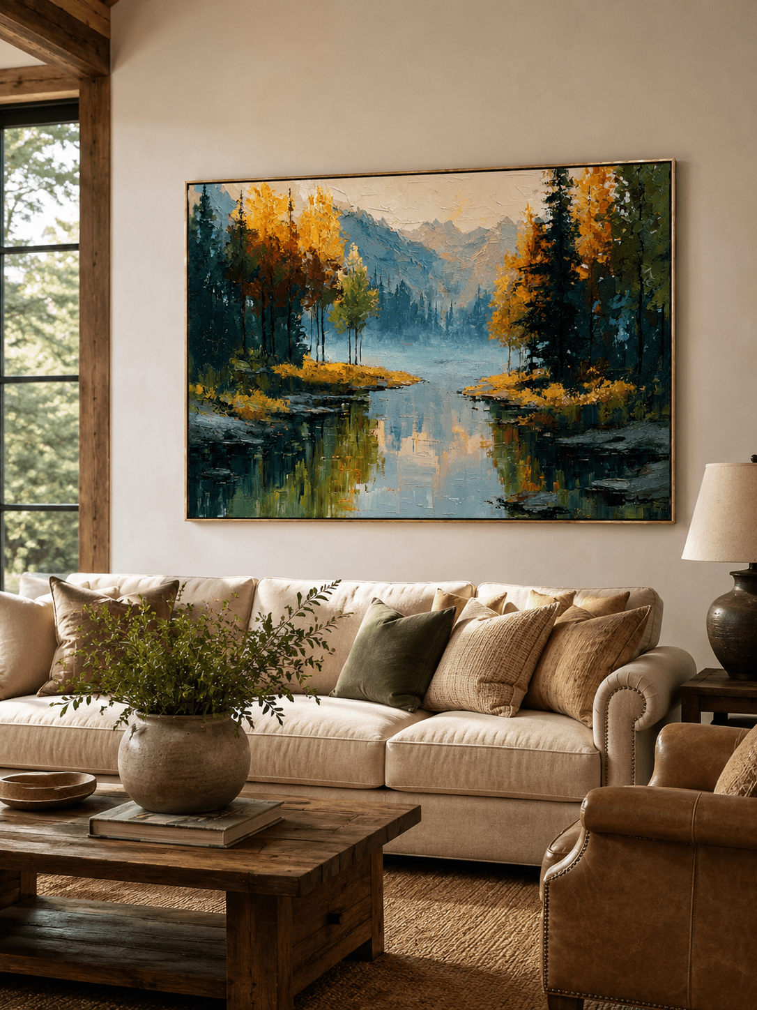 Autumn mountain lake painting displayed above a neutral sofa in an organic modern living room