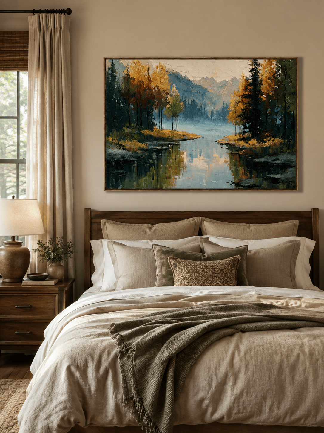 Golden autumn lake landscape displayed above the bed in a warm neutral bedroom