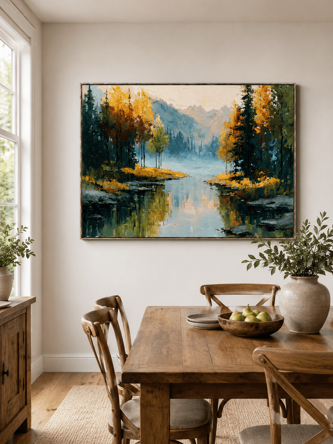 Hand-painted mountain lake wall art with autumn trees displayed in a natural wood dining room