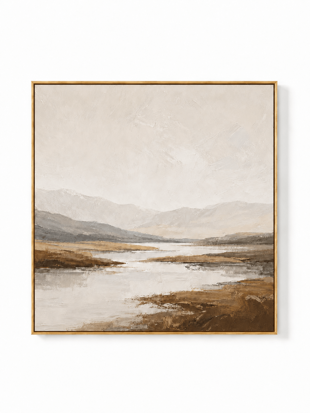 Hand-painted textured mountain landscape wall art in warm ivory, taupe and earthy brown by Evelyn Li