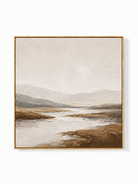 Hand-painted textured mountain landscape wall art in warm ivory, taupe and earthy brown by Evelyn Li