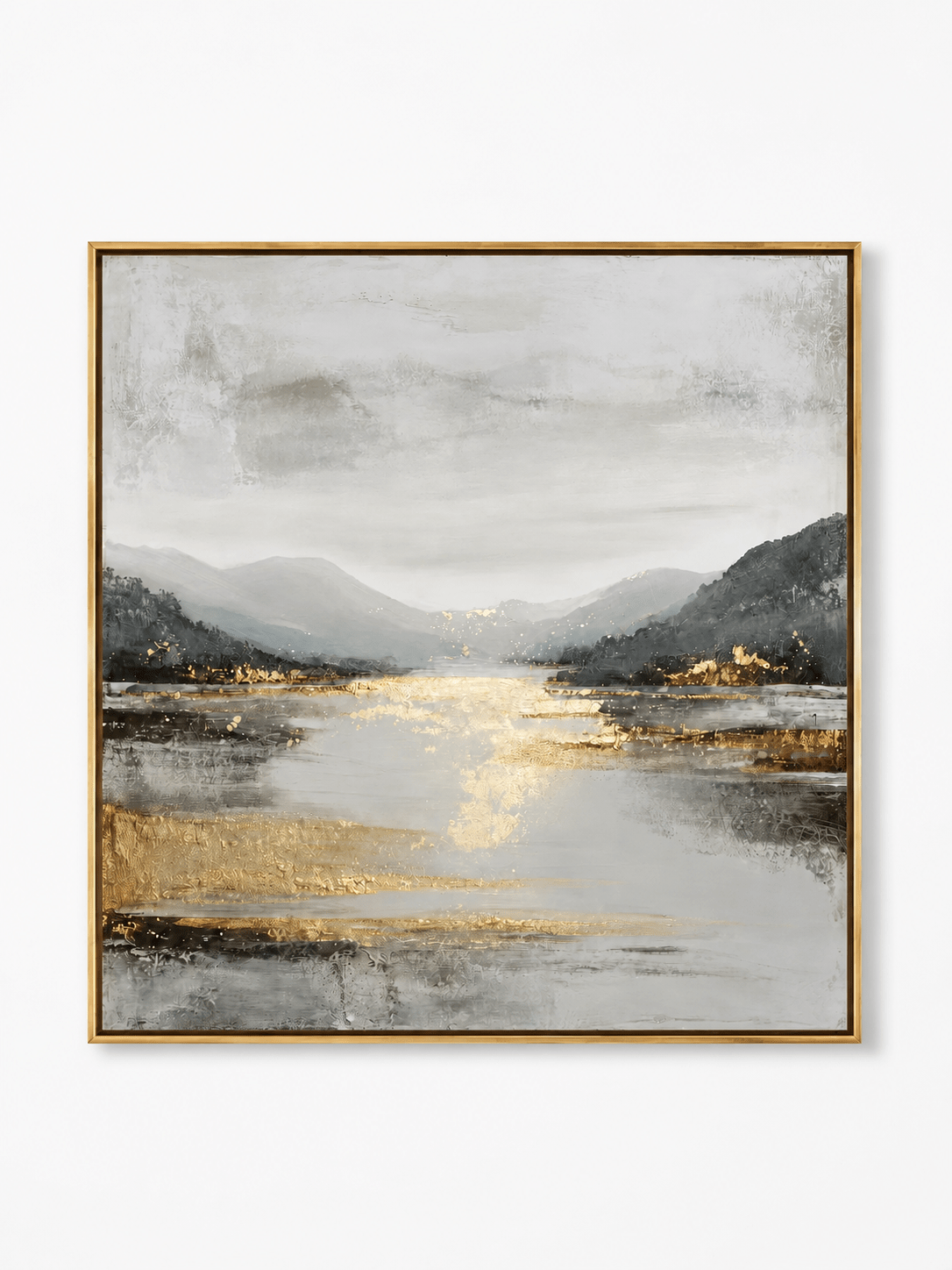 Hand-painted textured mountain lake wall art in soft gray, ivory and gold by Evelyn Li on a white background