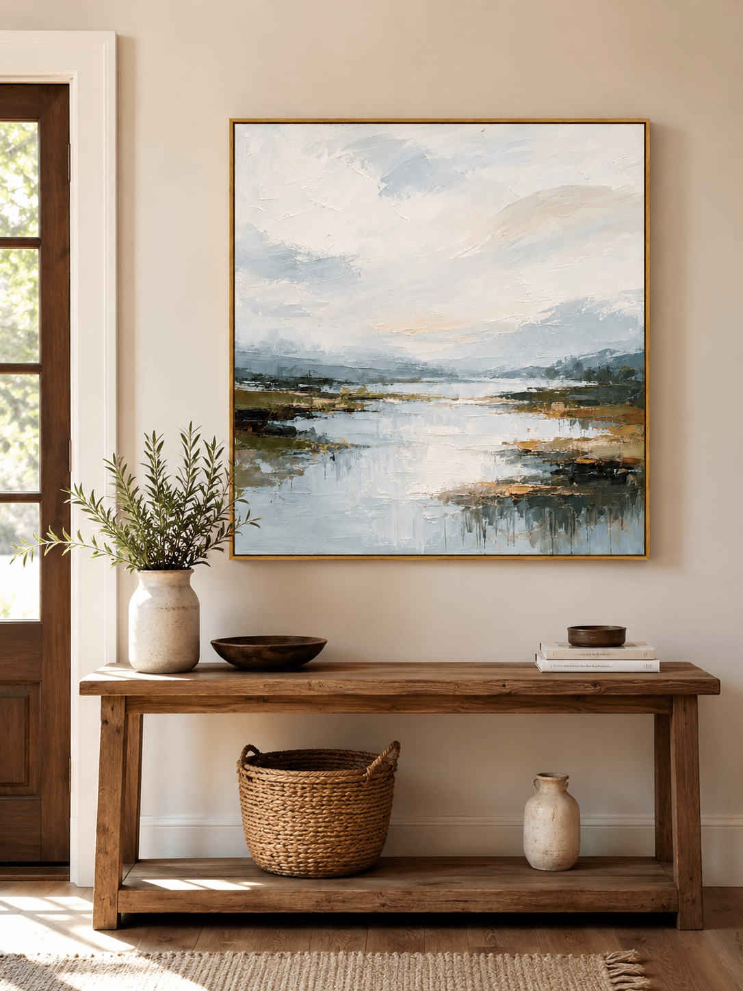 Neutral blue river landscape wall art displayed above an entryway console in a modern home