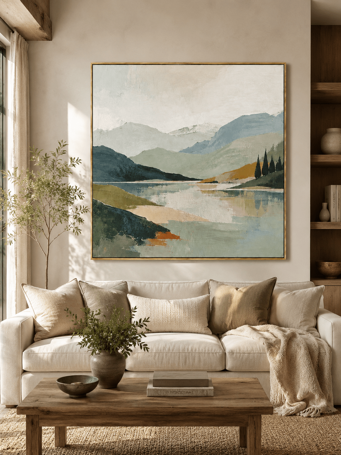 Large sage green mountain lake wall art displayed above a beige sofa in an organic modern living room