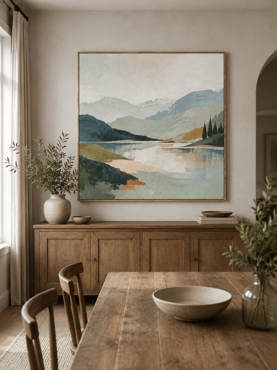 Large sage green textured landscape wall art displayed in a modern open dining room with natural wood furniture