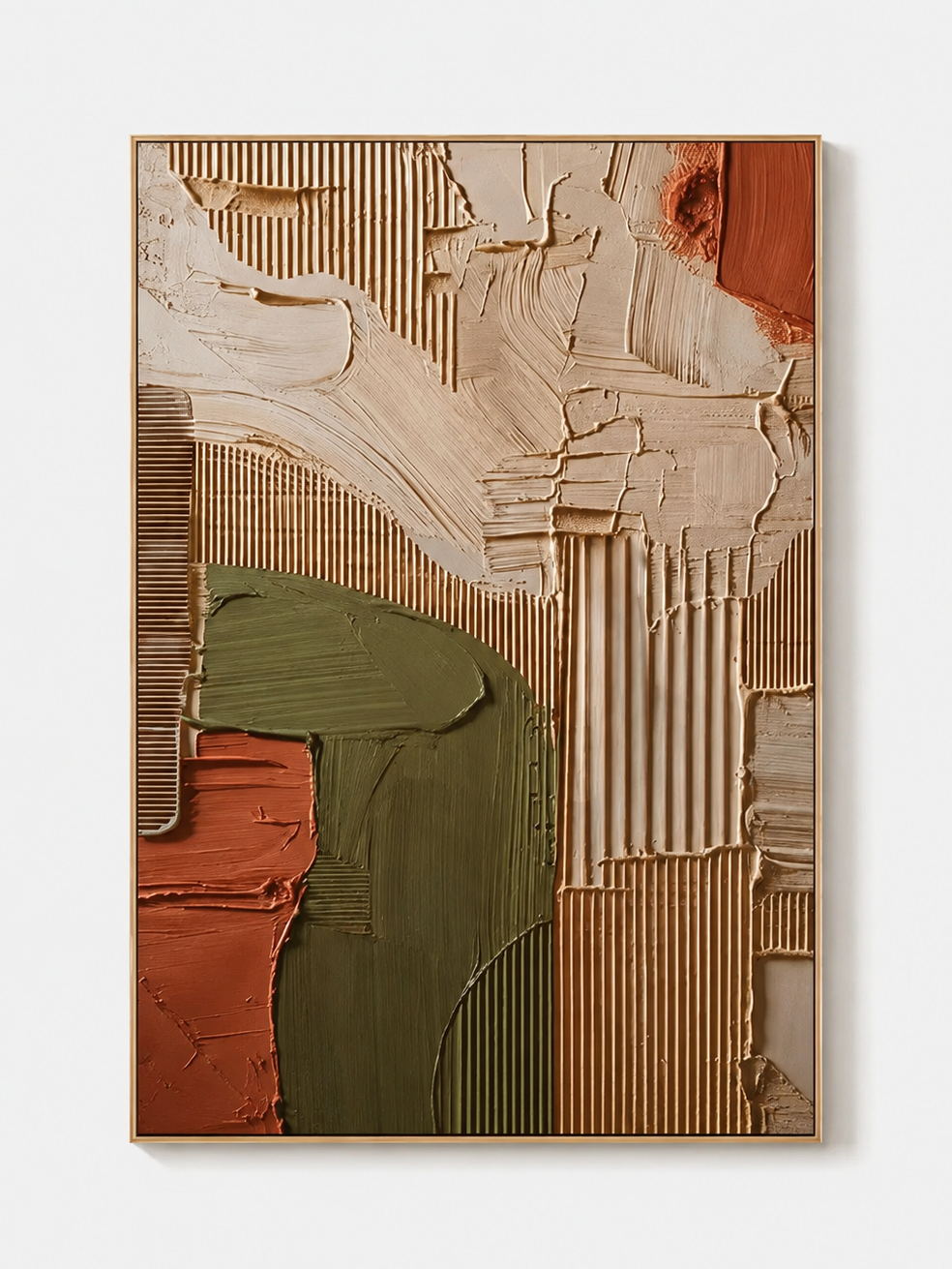 Hand-painted wabi-sabi textured geometric wall art in cream, olive green and rust by Lucien Hoffmann
