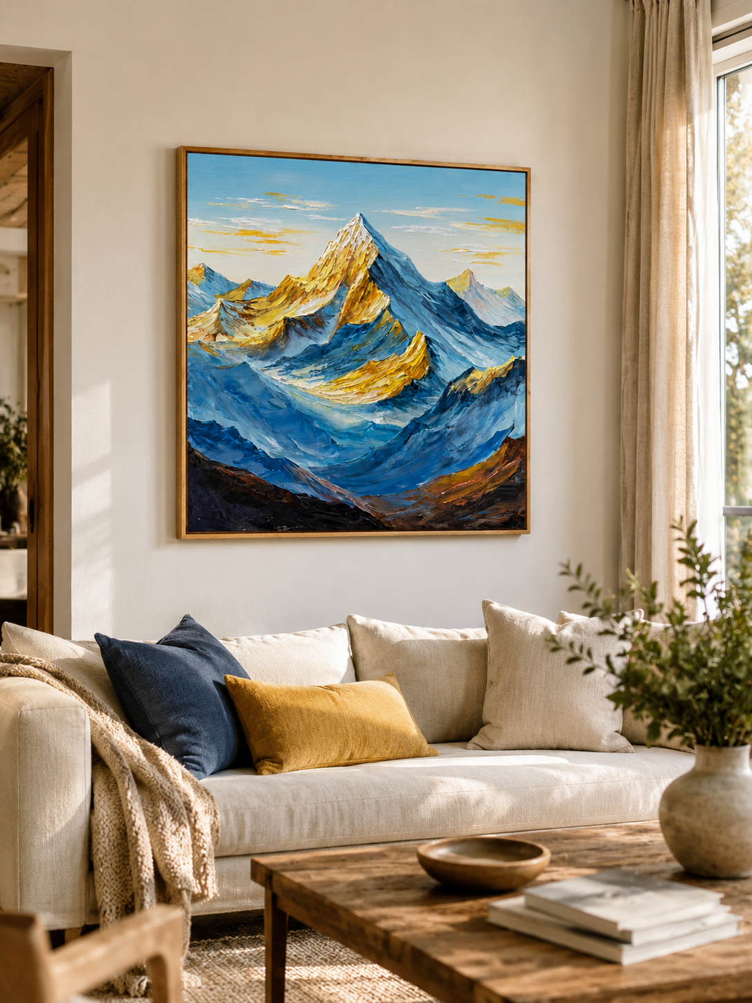 Blue and gold textured mountain painting above a neutral sofa in a contemporary living room