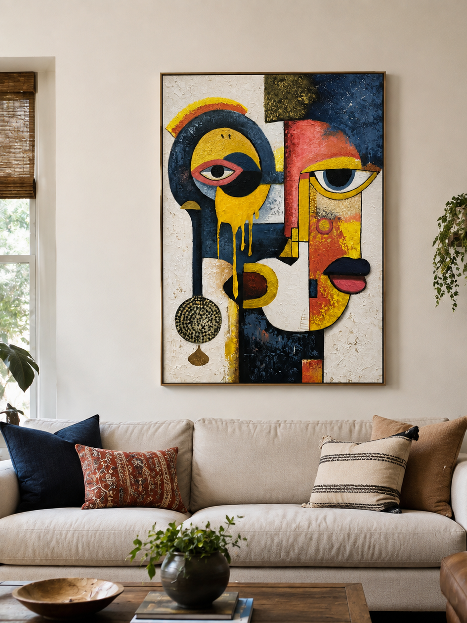 Textured cubist faces painting above a neutral sofa in a contemporary living room