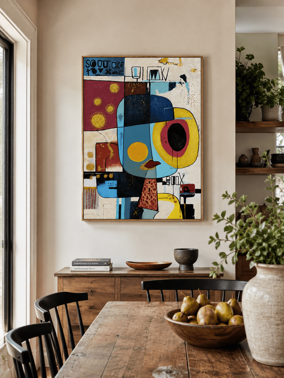 Modern abstract face painting styled in an open-plan dining room with warm wood furniture