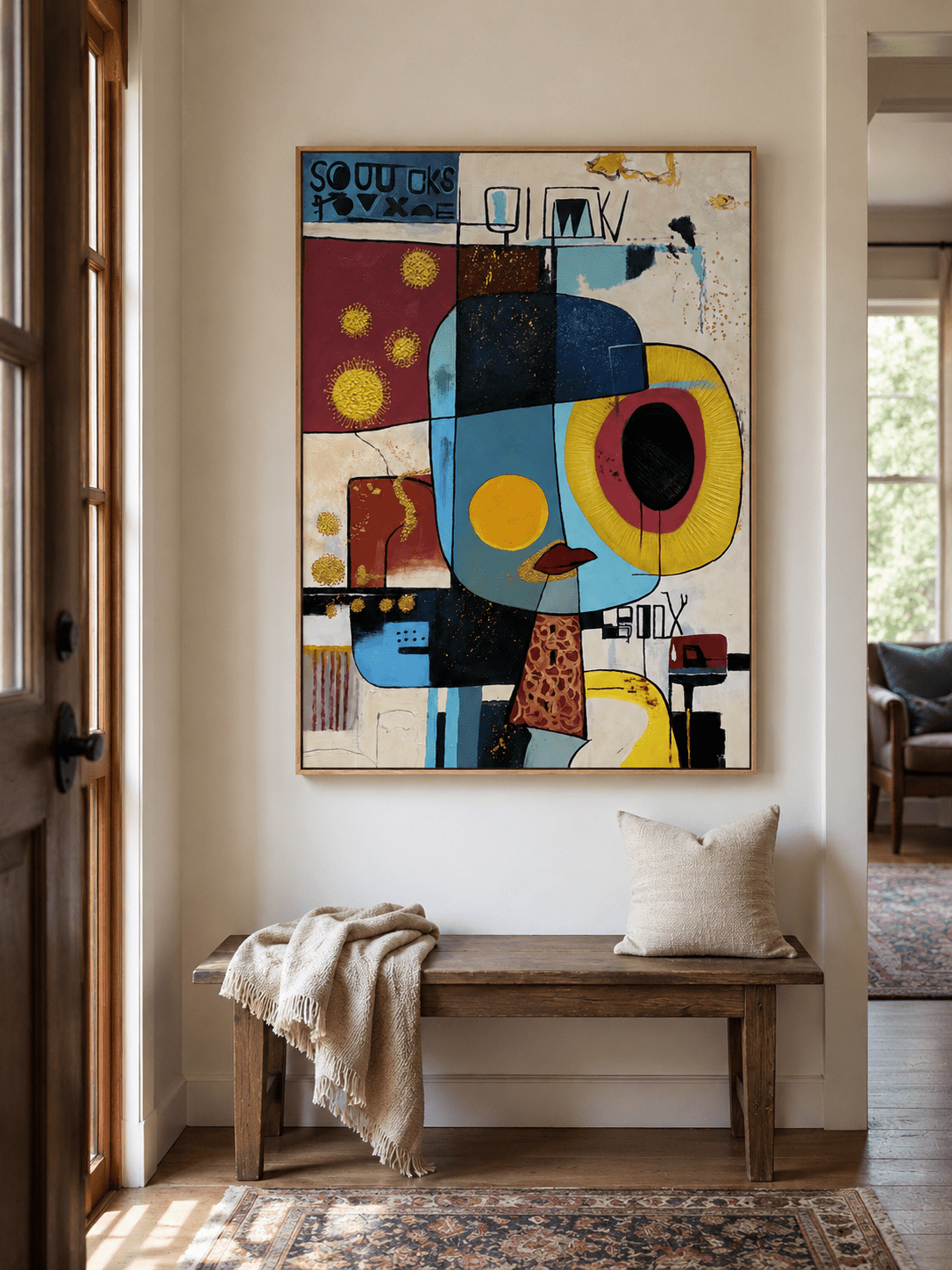 Bold cubist face wall art above an entryway console in a contemporary artistic foyer