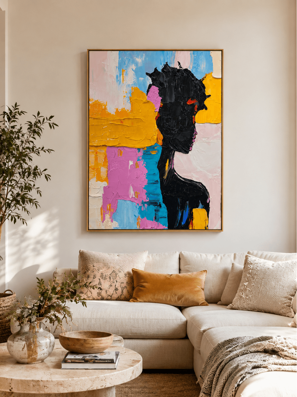 Colorful abstract woman painting above a neutral sofa in a contemporary modern living room