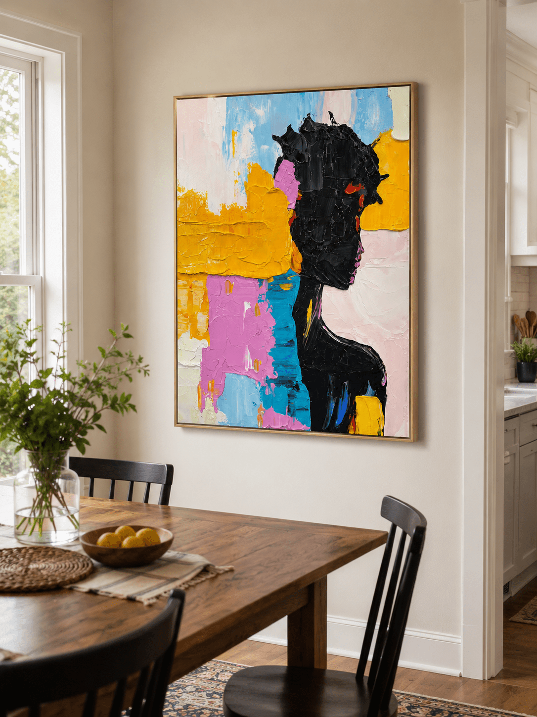Impasto abstract woman painting displayed in a modern open-plan dining room with neutral furniture