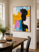 Impasto abstract woman painting displayed in a modern open-plan dining room with neutral furniture