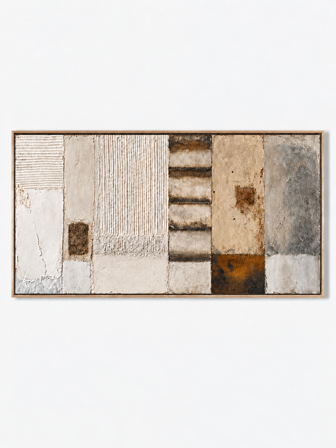 Hand-painted horizontal textured wall art in ivory beige stone gray and rust brown by Eliot Vermeer