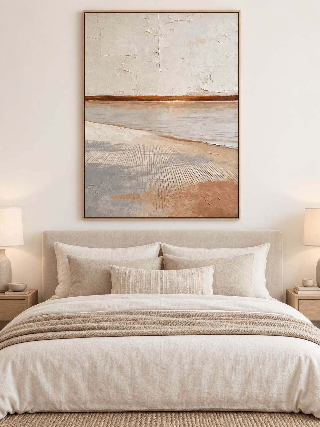 Neutral beige and terracotta textured seascape displayed in a warm minimalist bedroom