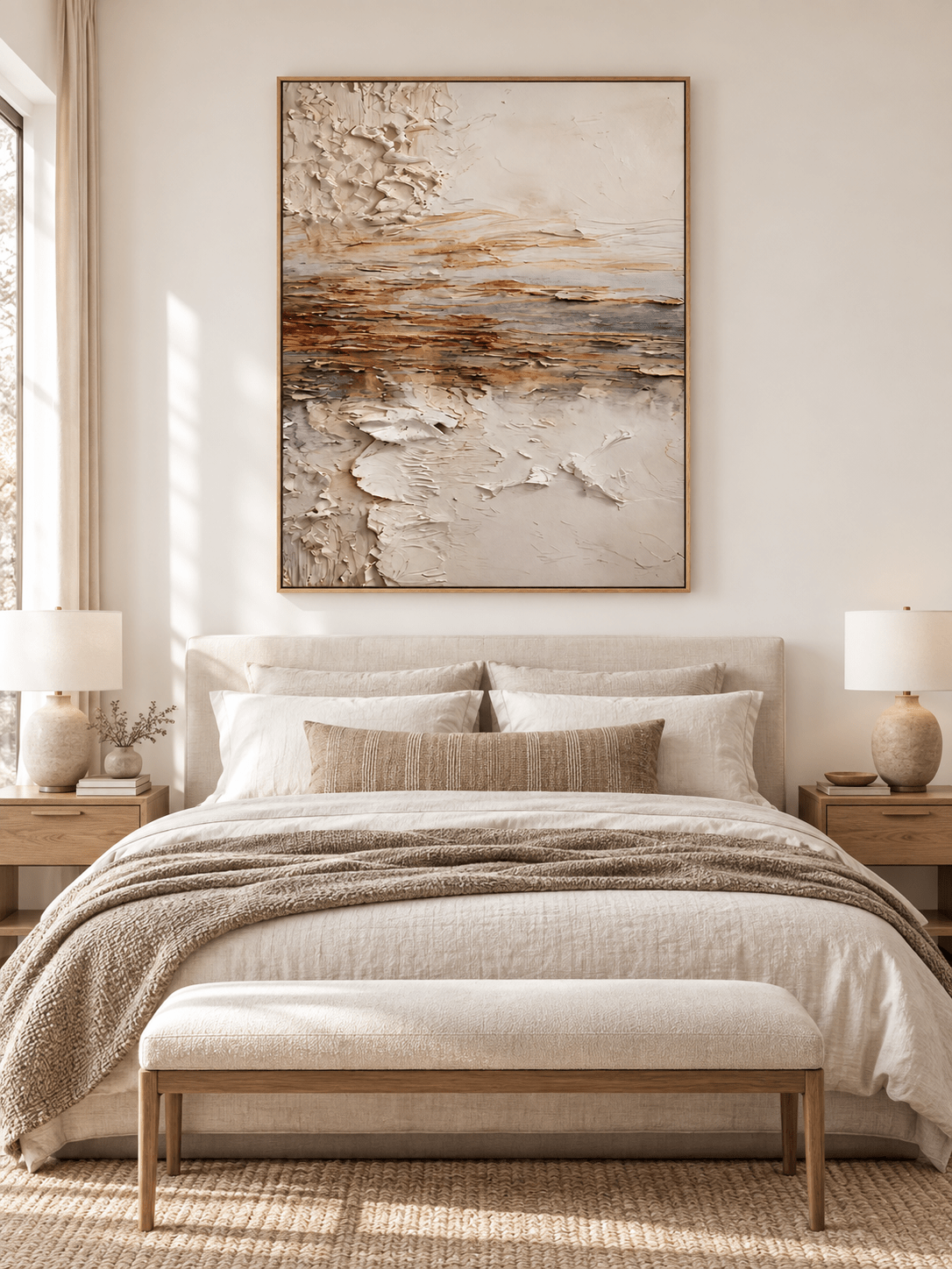 Neutral beige and brown textured landscape wall art displayed above a bed in a warm minimalist bedroom