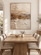 Hand-painted textured abstract landscape wall art displayed in a modern open-plan dining room