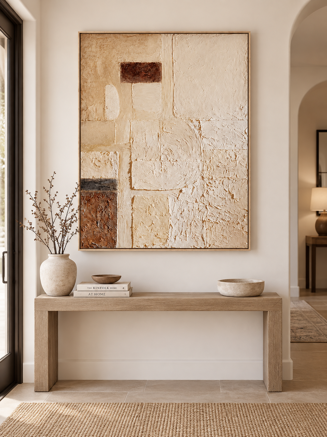Vertical neutral geometric abstract painting displayed above a console in a contemporary entryway