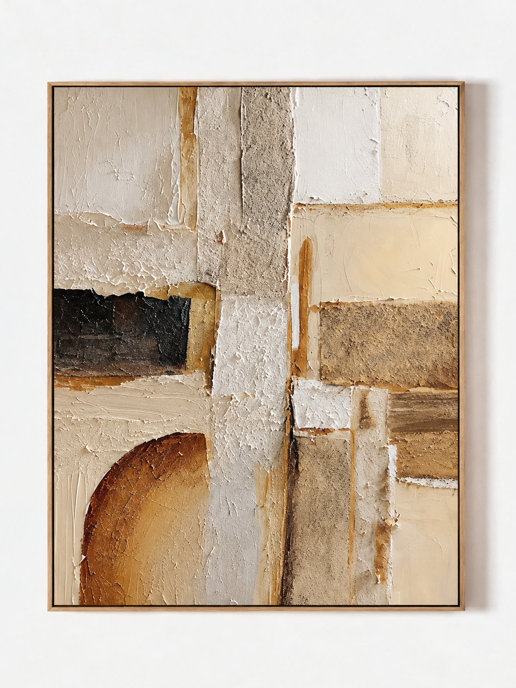 Hand-painted Wabi Sabi textured geometric abstract painting in cream, beige, brown and charcoal by Eliot Vermeer