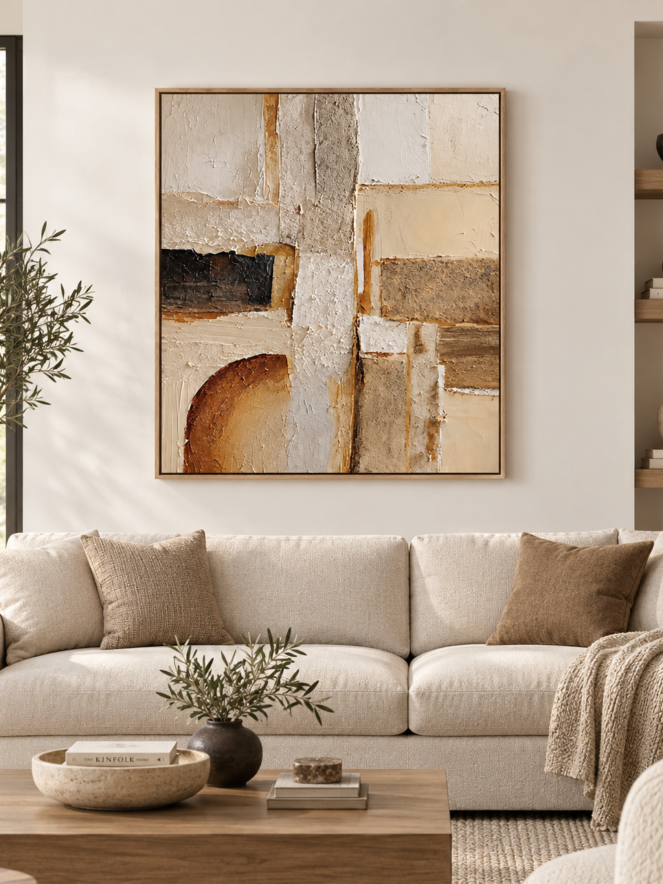 Large neutral textured geometric wall art displayed above a sofa in a warm modern organic living room