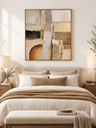 Beige and brown Wabi Sabi abstract painting displayed above a bed in a warm minimalist bedroom