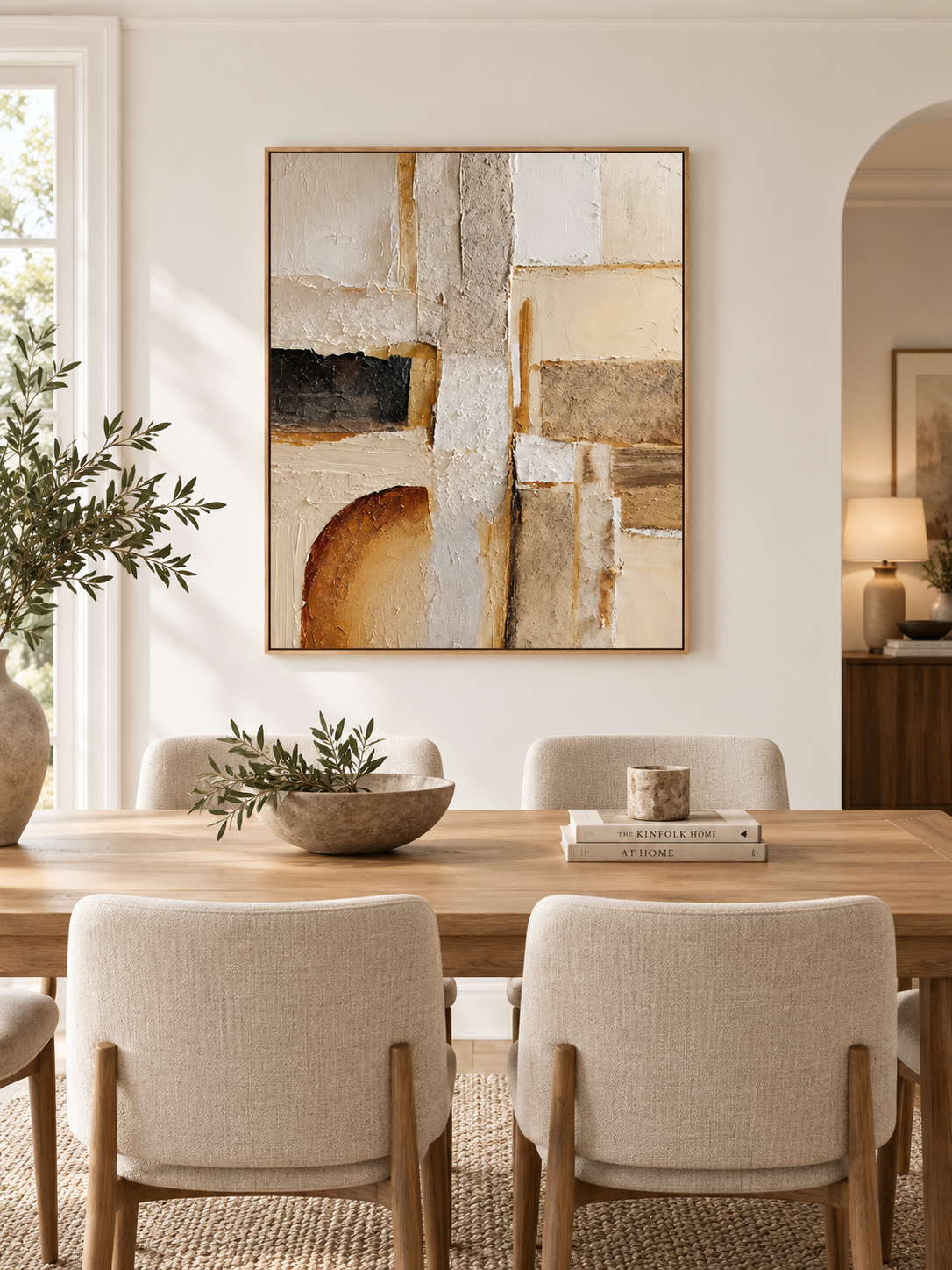 Hand-painted textured geometric abstract wall art displayed in a modern organic open-plan dining room