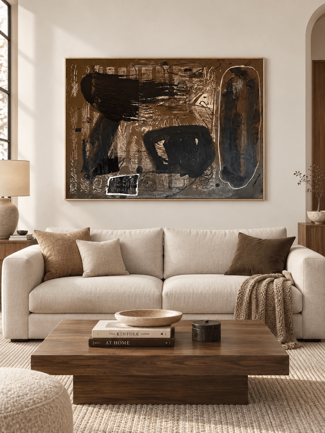 Large horizontal gestural abstract wall art displayed above a sofa in a contemporary living room