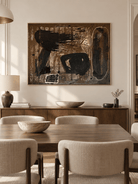 Hand-painted contemporary abstract wall art displayed in an open-plan dining room