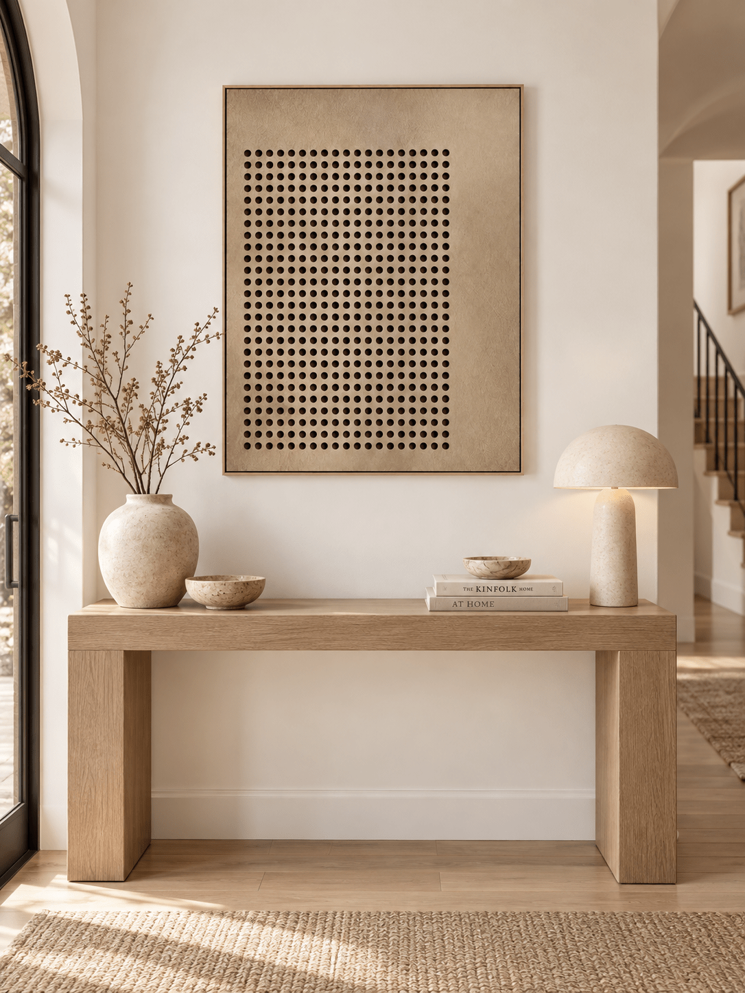 Square beige and brown geometric abstract painting displayed above a console in a contemporary entryway