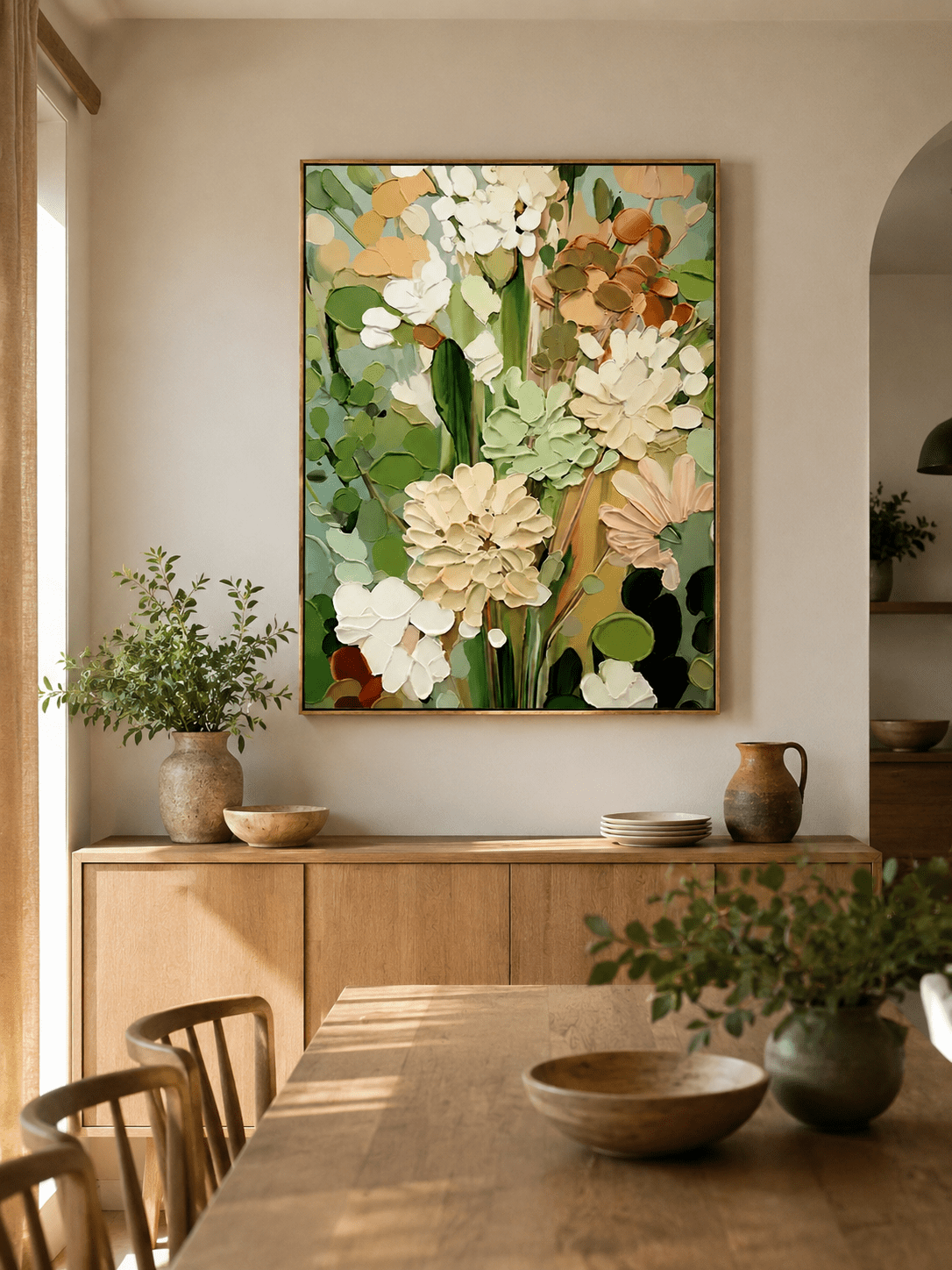 Large botanical wall art with sage green foliage and cream flowers displayed in an organic modern dining room