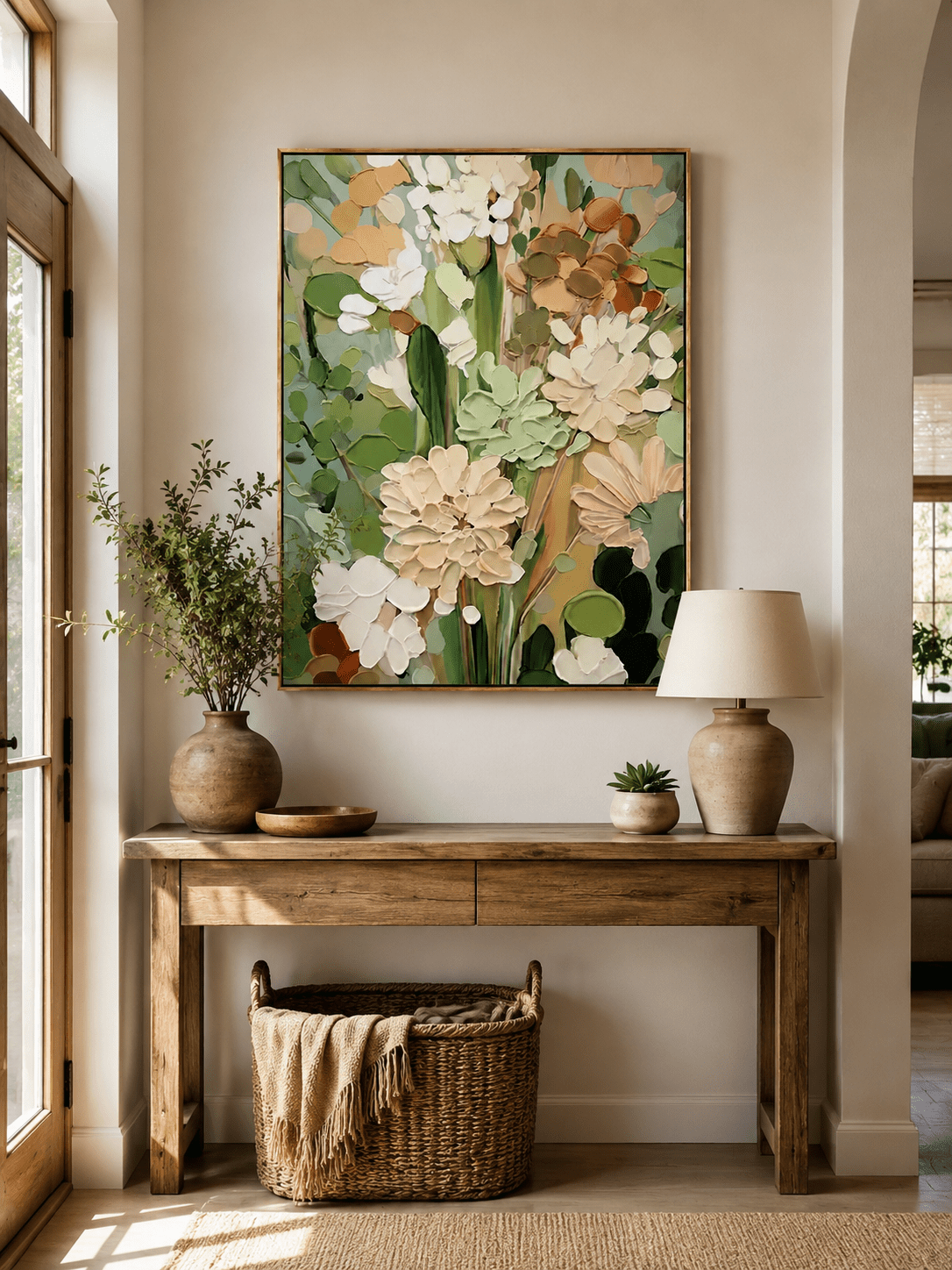 Vertical sage green floral wall art displayed above an entryway console in an organic modern home