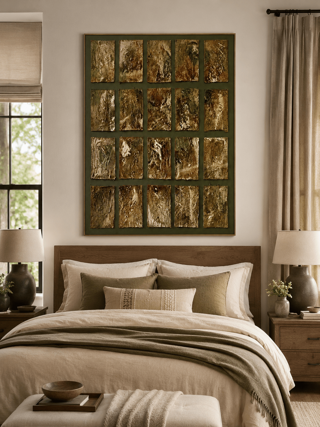 Textured dark green and antique gold abstract painting displayed in a sophisticated neutral bedroom