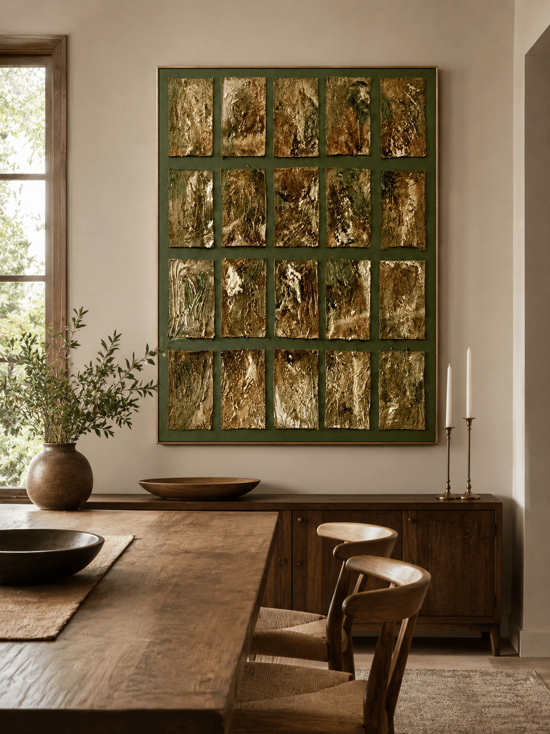 Large textured geometric wall art in olive green and gold displayed in an organic modern open dining room