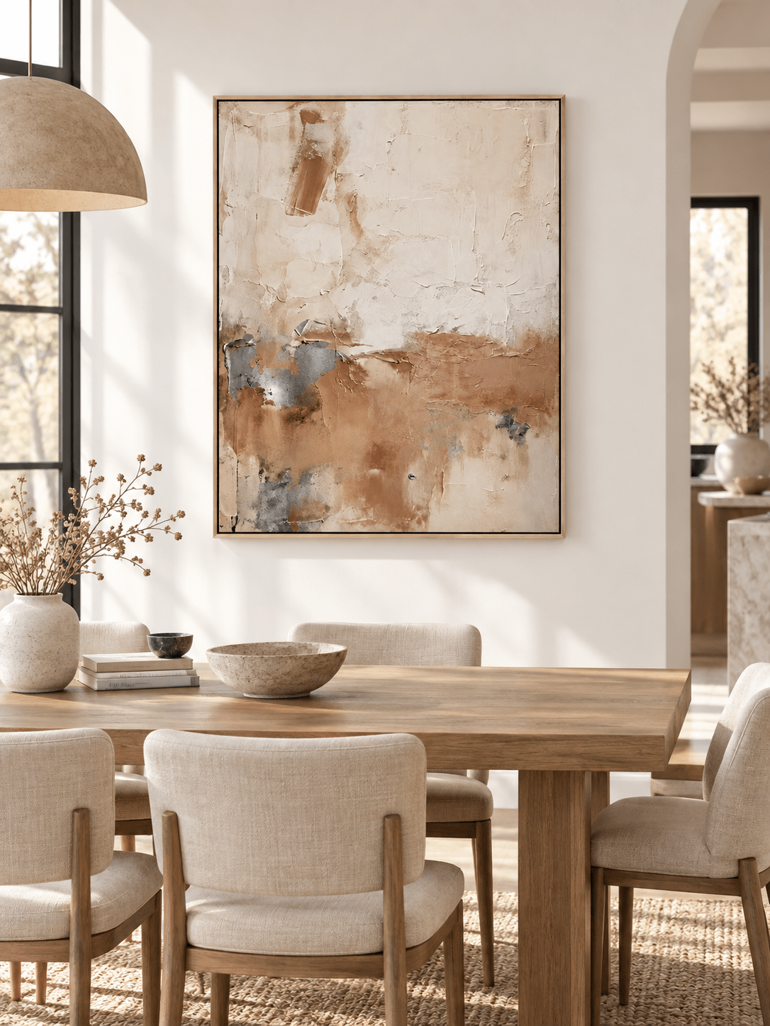 Hand-painted warm neutral abstract wall art displayed in a contemporary open-plan dining room