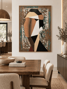 Hand-painted contemporary figurative wall art displayed in a modern open-plan dining room