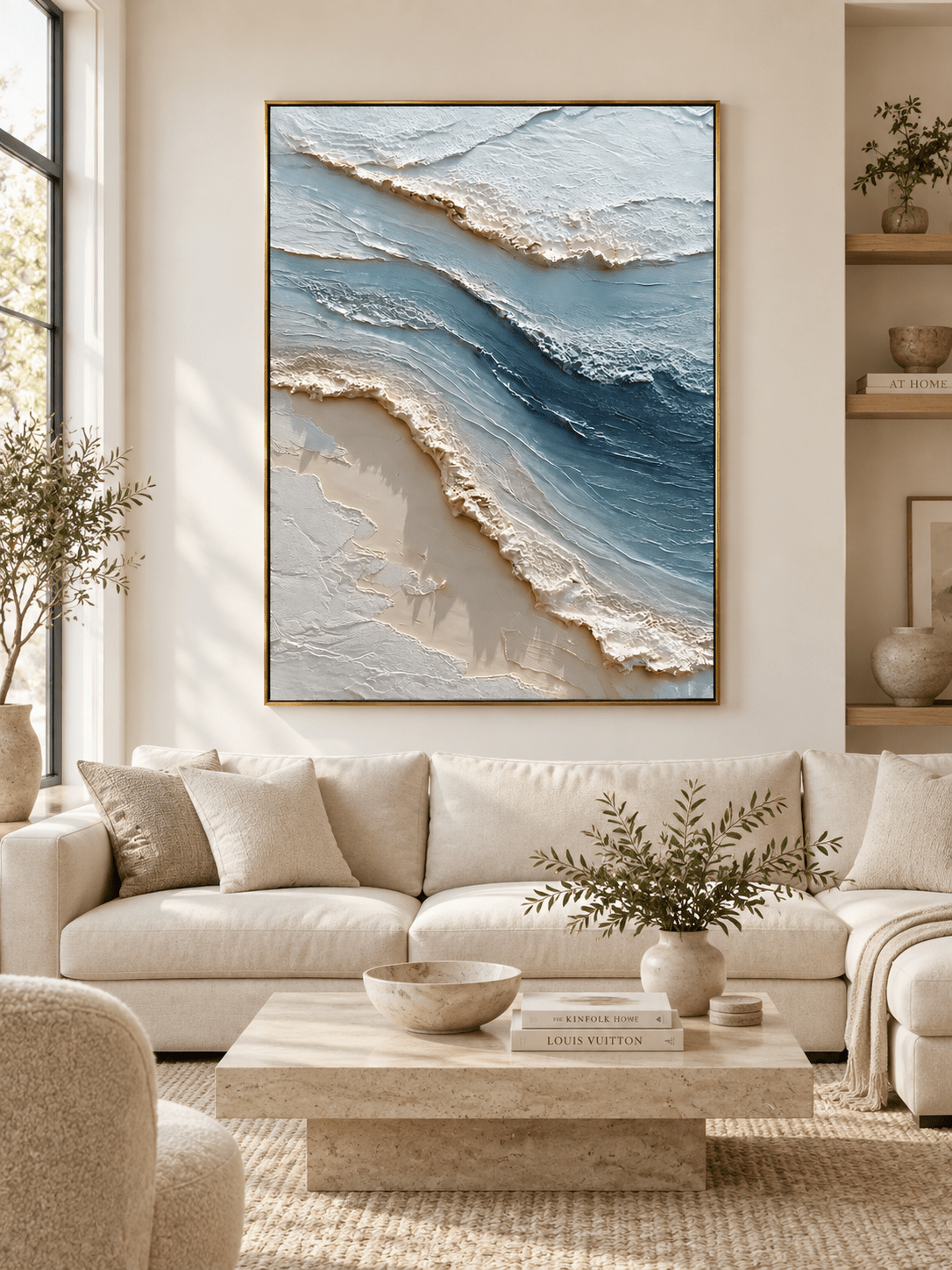 Large blue and white textured ocean wave wall art displayed above a sofa in a modern coastal living room