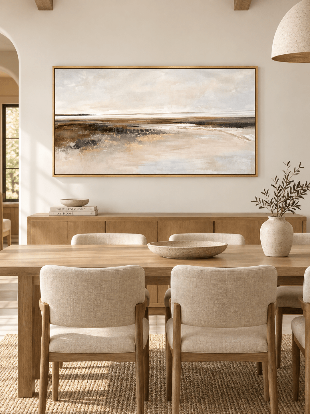 Hand-painted coastal horizon wall art displayed above a sideboard in a modern open-plan dining room