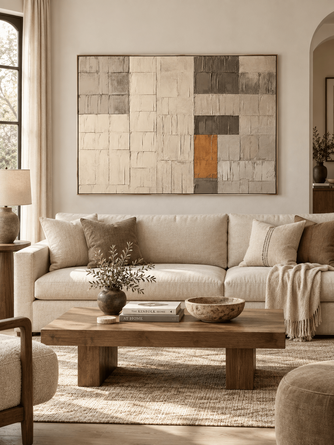 Large greige geometric abstract wall art displayed above a cream sofa in a contemporary living room